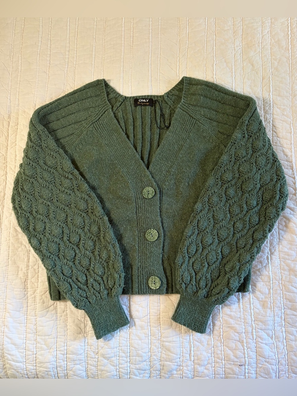ONLY Soft Green Bubble Knit Puff Sleeve Cardigan V-Neck Sweater Small